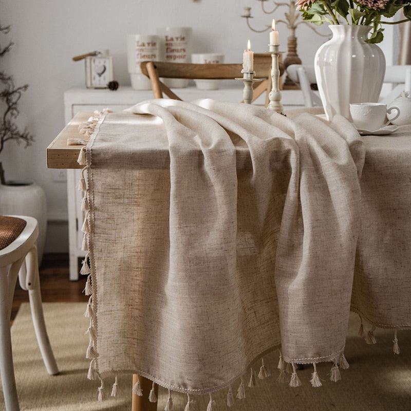 Linen Tablecloth with Tassel Edging
