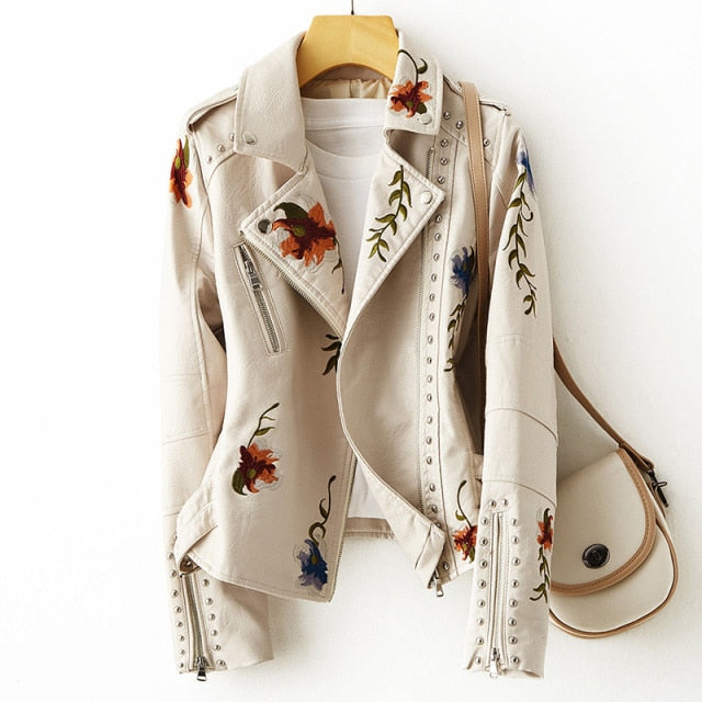 Retro Floral Embroidered Leather Jacket